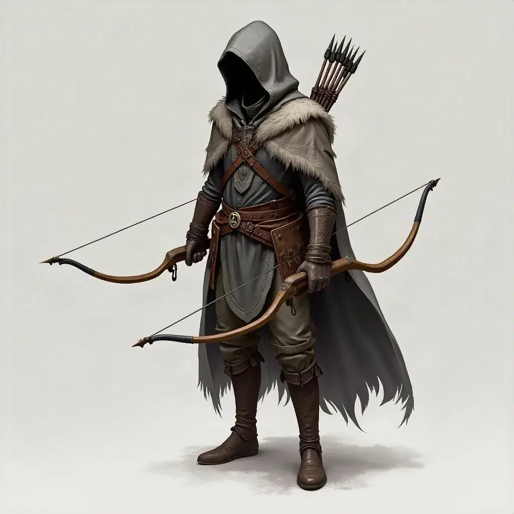 Painted concept of a hooded ranger in a grey fur-collared cloak and leather straps, holding a longbow in each hand, on a pale background with a soft ground shadow.