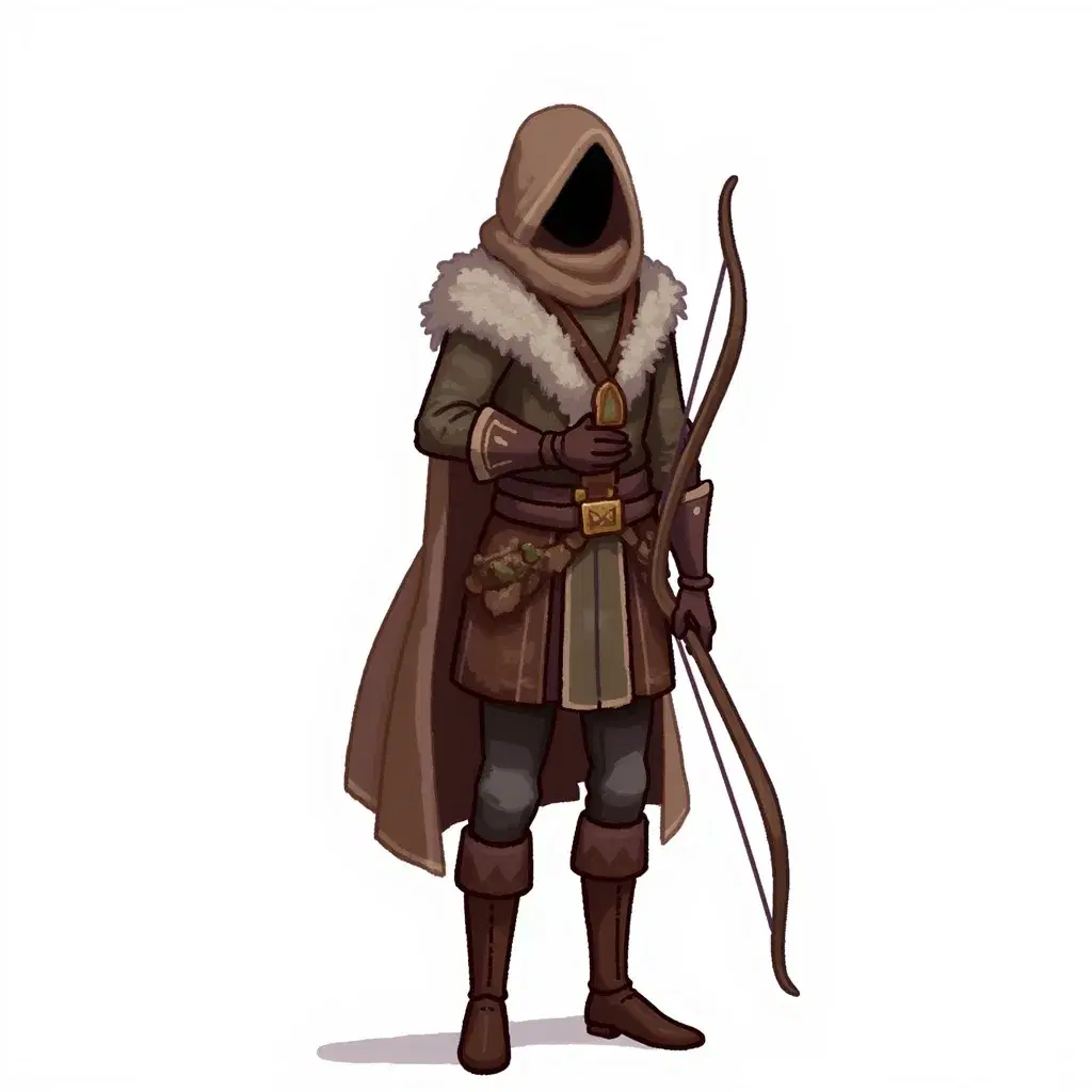 Hand-drawn game-asset style ranger in a brown hood, fur collar and long cloak, holding a longbow, isolated on white.