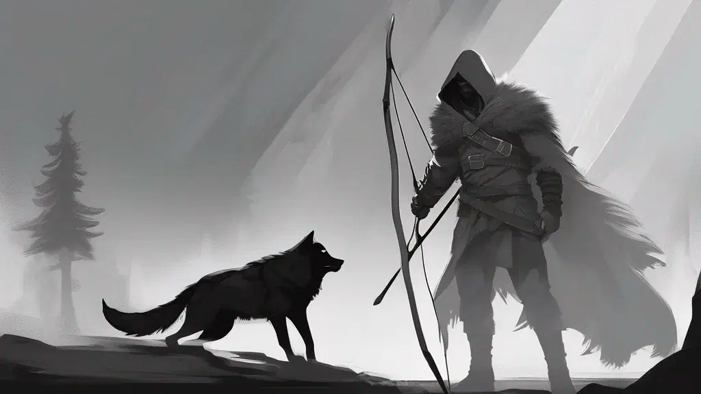 Grayscale concept of a hooded ranger with a tall bow facing a wolf, with a pine tree and light shafts behind — a whole scene rather than a single character.