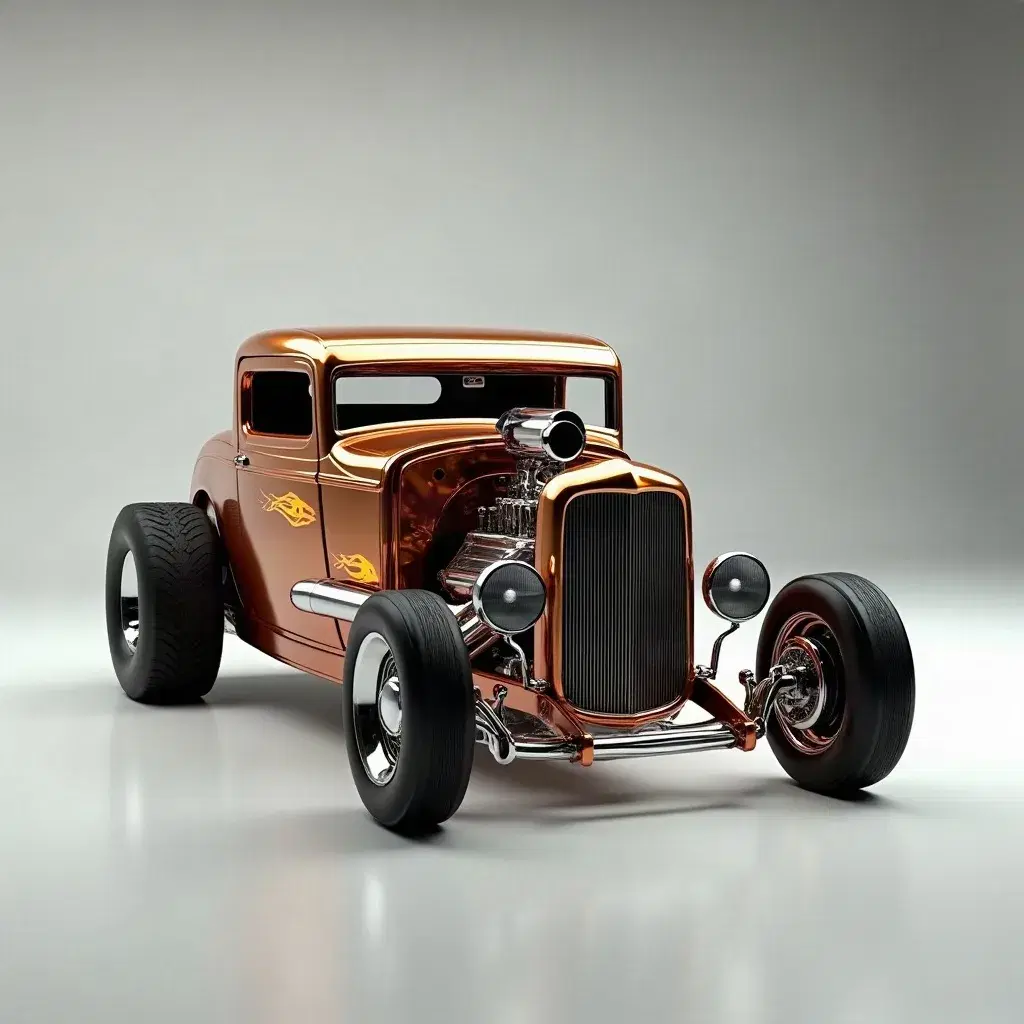 A 1930s hot rod in polished copper with an exposed chrome engine and flame decals, three-quarter front view on a white ground.