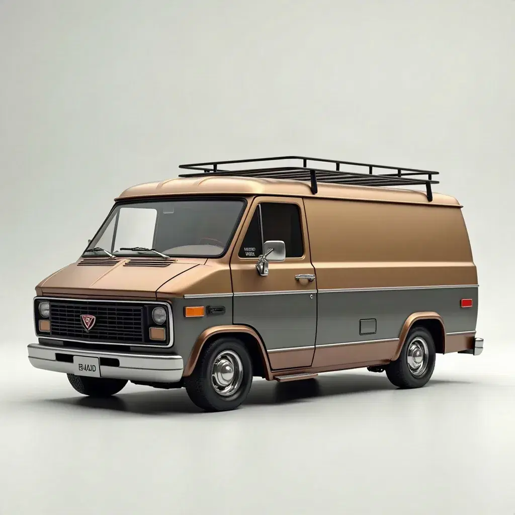A boxy panel van in bronze and grey with chrome trim and a black roof rack, three-quarter front view on a white ground.