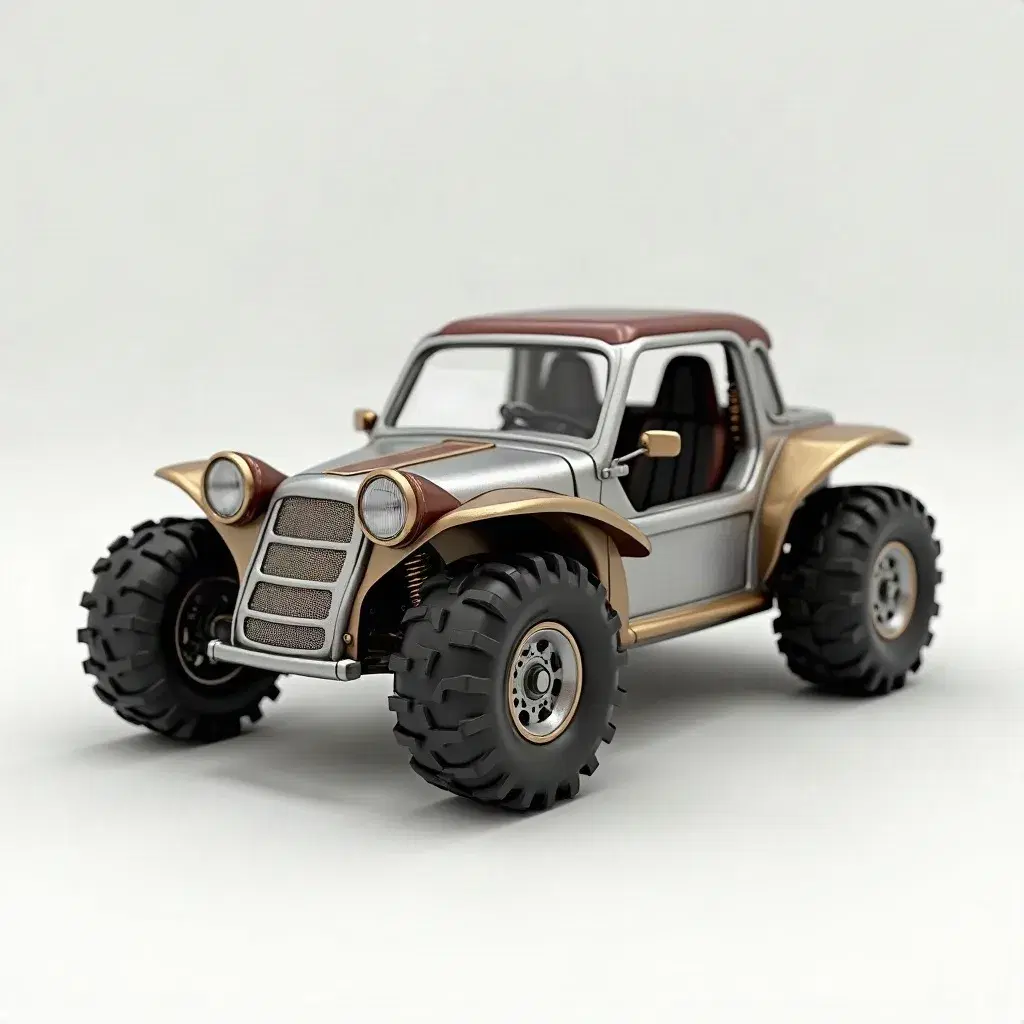 The reference: a die-cast toy dune buggy in silver, brass and copper with chunky black tyres, on a white studio ground.