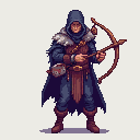 128-pixel pixel-art sprite of a hooded ranger in a blue cloak holding a bow.