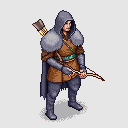128-pixel isometric pixel-art sprite of a hooded ranger with a fur collar, holding a bow, with arrows on the back.